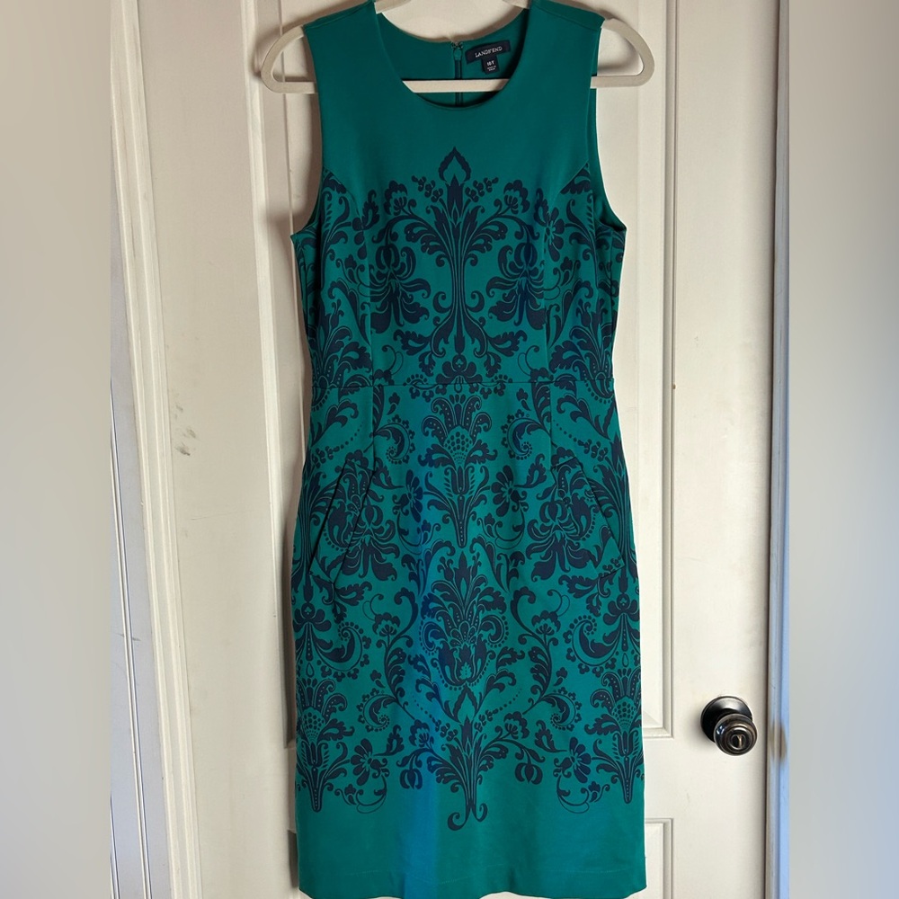 Lands End Ponte Knit Sleeveless Sheath Dress Pockets Green Blue Paisley 10T